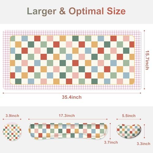 Vintage Macaron Checker Mouse Pad Set, 4 in1 Ergonomics Keyboard Desk Mat with Memory Foam Wrist Rest, Extended Game Mousepad, Large Gaming Non-Slip Desk Pad Matt Easy Typing Pain Relief - Image 3