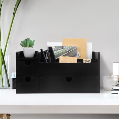 Vintage Black Wooden Desktop Organizer Removable Drawers Office Supplies Wood Storage Cabinet Caddy Box Stationery Pencil Slots Mail Holder Note Pads Accessories Home Makeup Tools Cosmetics - Image 2
