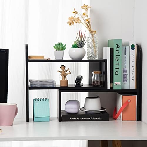 Desktop Adjustable Natural Wood Book Shelf Organizer Office Storage Rack Display Stand Caddy Set Expandable Desk Organizer (Black) - Image 4