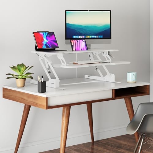 Mount-It! Standing Desk Converter White 38” Wide Height Adjustable Stand Up Desk Riser, Desk Topper with Gas Spring, Desktop Standing Desk with Keyboard Tray Fits Two Monitors - Image 6