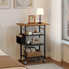 MAHANCRIS 4-Tier Printer Stand, Rolling Printer Table on Wheels, Industrial Storage Stand with Side Pocket, Wooden Tabletop, 2 S-Shaped Hooks, for Home Office, Rustic Brown and Black PTHR2601 - Image 6