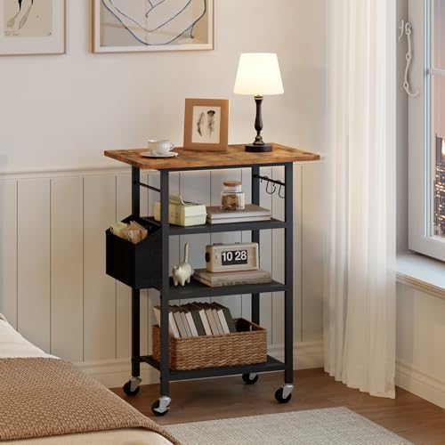MAHANCRIS 4-Tier Printer Stand, Rolling Printer Table on Wheels, Industrial Storage Stand with Side Pocket, Wooden Tabletop, 2 S-Shaped Hooks, for Home Office, Rustic Brown and Black PTHR2601 - Image 6