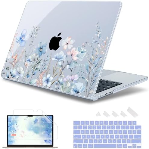 May Chen for MacBook Air 15 inch Case M5 M4 M3 M2 2026 2024-2023, Model A3448 A3241 A3114 A2941, Closes Seamlessly Hard Shell Laptop Cover with Keyboard Cover, Blue Flower P672 by MayChen