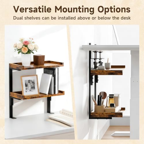 Clamp on Desk Shelf,2-Tier Office Desk Shelves Organizer, Expandable Under Desktop Storage,Wood Desktop Storage Rack for Home Workspace, Study Rooms,Gaming Devices (Brown) - Image 4