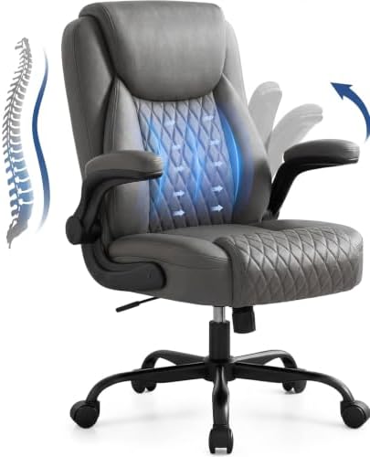 GTPOFFICE Executive Office Chair with Comfortable Lumbar Support, Ergonomic Gaming Chair with Flip-up Armrests & Zoned Pressure-Relief Cushion, Comfy PU Leather Desk Chair, Grey by GTPOFFICE
