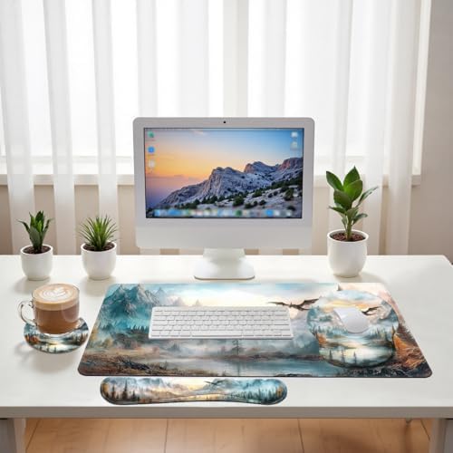 Dragon Desk Mat Set Fantasy Mountain Landscape Fire Sky Large Mouse Pad with Wrist Rest 4in1 Desk Mat for Desktop Ergonomic Computer Desk Arm Wrist Anti-Slip Computer Mouse Pad Home Office Gaming - Image 6