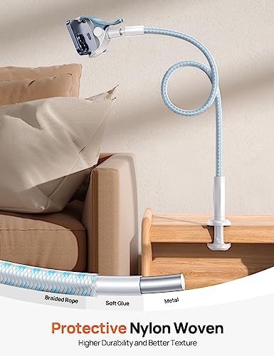 Aomiker Gooseneck Phone Holder for Bed - [Upgrade Nylon Braid] 38” Flexible Lazy Arm Clip, 360 Adjustable Overhead Phone Mount for iPhone 16 15 14 13 12 11 Pro Max Mini Plus, 4-7" Cellphone - White - Image 3