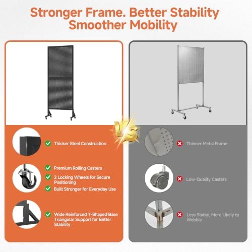 Peg Board Display Stand with Wheels,50 Hooks,2'x 5.5' - Black - Image 4