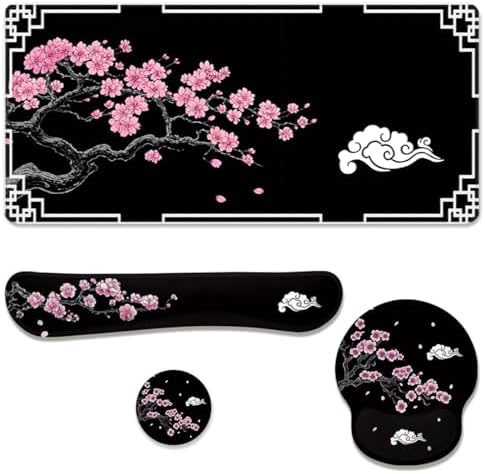 Cherry Blossom Desk Mat Set Oriental Black Zen Art Mouse Pad with Wrist Rest 4in1 Desk Mat for Desktop Ergonomic Computer Desk Arm Wrist Anti-Slip Computer Ergonomic Mouse Pad Home Office Gaming by Unknown