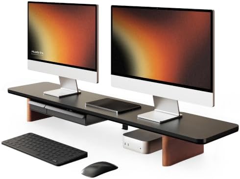 Fenge 42.5" Dual Monitor Stand with Storage Drawer & Solid Wood Legs, Black by Fenge