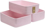 MiniArk Large Shallow Organizing Baskets 15x11x5.1 Inches - Rope Woven Storage Bins for Bathroom, Shelves, Cube Closet, Light Pink 3 Packs by MiniArkStorageBasketsHome