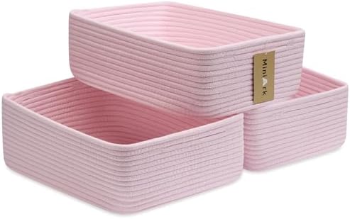 MiniArk Large Shallow Organizing Baskets 15x11x5.1 Inches - Rope Woven Storage Bins for Bathroom, Shelves, Cube Closet, Light Pink 3 Packs by MiniArkStorageBasketsHome