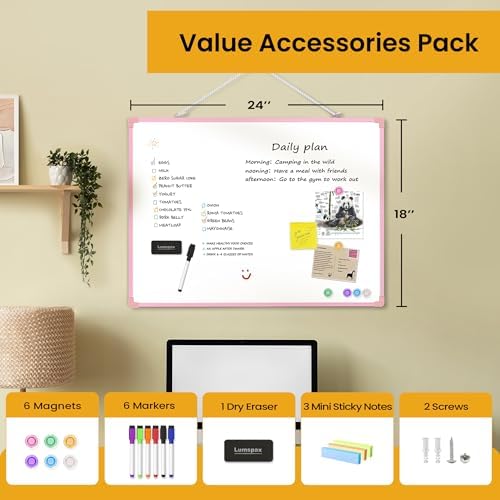Dry Erase Board for Wall, 24" x 18" Double-Sided Hanging Magnetic Whiteboard with 6 Markers, 6 Magnets and 3 Mini Sticky Notes, Large White Board for School, Home, Office, Pink Frame - Image 3