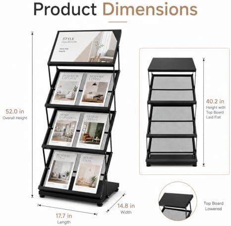 Foldable Magazine Display Racks, 4 Pockets Brochure Display Rack with Wheels, Brochure Catalog Display Stand for Living Room, Hotel, Trade Show, Exhibition, Office - Image 3