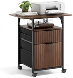 VINGLI 2 Drawer File Cabinet with 24'' Extended Desktop, Fluted Filing Cabinet Mobile Under Desk File Cabinet with Wheels, Fabric Drawers Printer Stand for Home Office, Fits Letter Size, Walnut by VINGLI