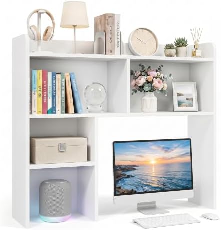 SUPER DEAL Desktop Bookshelf, Countertop Storage Hutch with 3 Shelves for Computer Desk, 2-Tier Display Rack, Multipurpose Wood Desk Hutch Storage Organizer for Home Office Dorm, White by Superdeal