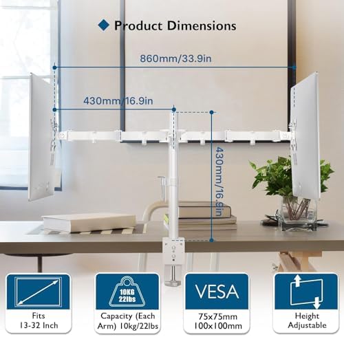 BONTEC Dual Monitor Desk Mount, 13-27 Inch, 22lbs, VESA 75x75/100x100,White - Image 3