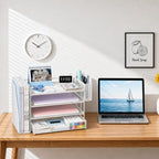 OPNICE Desk Organizers and Accessories, 4-Tier Desktop File Organizer with Drawer and Pen Holders, Office Desk Accessories Workspace Organizers for Office Supplies (Soft White) - Image 2