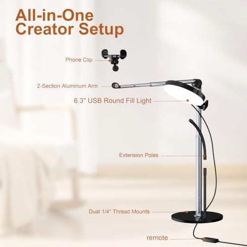 Mistriddle Aluminum Telescopic Overhead Phone Stand with USB Round Light - Image 3