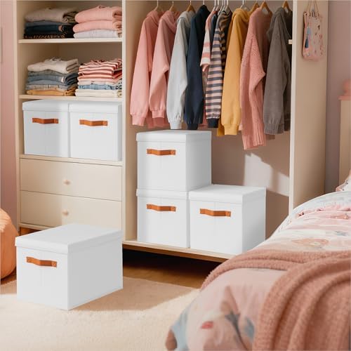 Homsorout Storage Bins with Lids - Large Fabric Closet Bins with Lid, 5 Pack Clothes Organizers and Storage, Collapsible Stackable Cube Basket for Home, Office, Dorm, White - Image 5