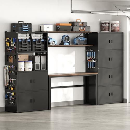 FLEXIMOUNTS 117"L Modular Garage Storage Cabinet with Workbench, Black by FLEXIMOUNTS