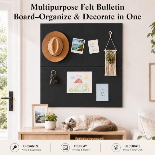 48" x 36" Decorative Bulletin Boards, Large Cork Board Alternative | 50 Pushpins, 60 Adhesive Tabs, Solid-Tile 12-Pack Felt Wall Tiles, Cork Boards for Office Push Pin Board Felt Board, Black - Image 2