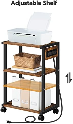 HOOBRO Industrial Printer Stand with Charging Station, 3-Tier Printer Table, Rolling Printer Cart with Adjustable Shelf and Hook, Rustic Brown and Black BF28UPS01 - Image 4