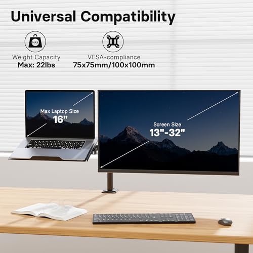 Redbat Monitor and Laptop Mount Stand, Fully Adjustable Monitor Arm with Vented Tray for 13" to 32" LCD Screens and Notebook up to 16", Holds up to 22lbs, VESA Compatible, Dual Mounting Options - Image 3
