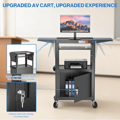 POCHAR Steel AV Cart with Locking Cabinet & Drop Leaves - Adjustable Height Media Carts with Wheels, Pullout Tray, Power Strip - Mobile Workstation Computer Cart for Office Classroom Shop Warehouse - Image 4