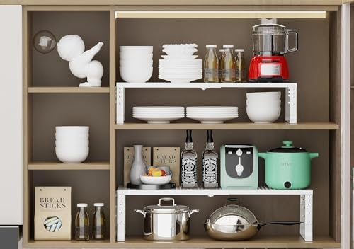 Jojocross Expandable Cabinet Shelf Organizer Storage Spice Rack Shelves for Kitchen Stackable Adjustable Pantry Cupboard Bathroom Countertop Desktop(1Pack/White/Large-with Hole) - Image 4