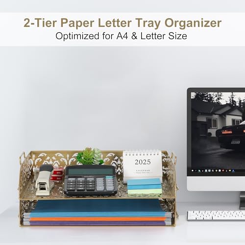 EasyPAG Paper Organizer for Desk 2 Tier Stackable Paper Tray for A4 Legal Size Folders Metal File Storage Desktop Organizer for Home Office School Teacher, Gold - Image 3