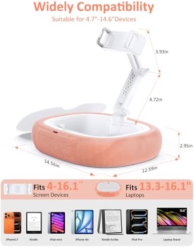 Tryone Tablet Pillow Holder & Laptop Stand : Lap Adjustable iPad Holder with Snack Bowl,Soft Plush Pillow & 360° Rotating Detachable Support Arm for 4.7-16.1 Kindle Phone Tablet Laptop (Pink) - Image 4
