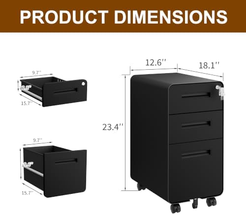 3 Drawer Slim Narrow Mobile File Cabinet with Lock and 4 Keys - Image 3