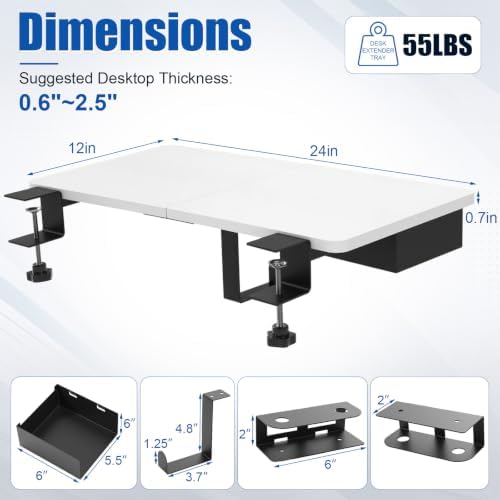 Novabright 24" x 12" Desk Extender Tray with Side Storage Rack Heavy Duty Desk Extender Under Desks Laptop Mount Keyboard Extenders for Desks with a Concealed Storage Area for Cable & Earphone (White) - Image 2