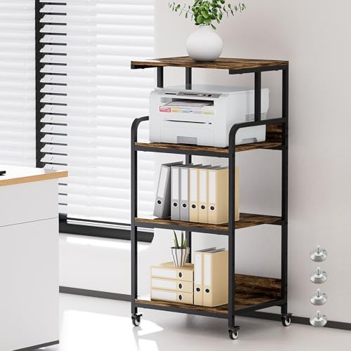 Extra Large Printer Stand with Wheels, 4-Tier Tall Printer Table, Printer and Shredder Stand with Storage Shelf for Home Office (Rustic Brown) by Vokumba