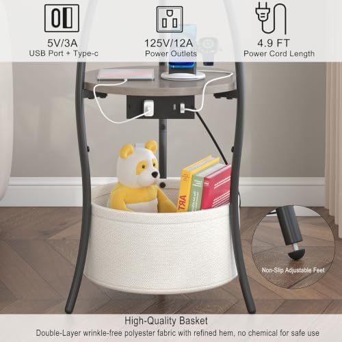 sthemc 3-Tier Small Round End Table Livingroom with Charging Station,Basket - Image 4