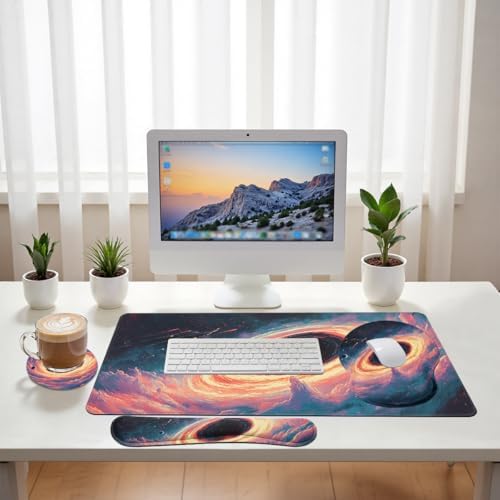 Black Hole Desk Mat Set Galaxy Space Art Large Mouse Pad with Wrist Rest 4in1 Desk Mat for Desktop Ergonomic Computer Desk Arm Wrist Anti-Slip Computer Ergonomic Mouse Pad Home Office Gaming - Image 6