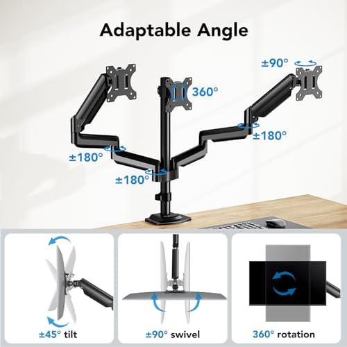 HUANUO Triple Monitor Mount for 13-27 inch Computer Screens, Gaming 3 Monitor Desk Mount with Arm Holds 19.8lbs, Triple Monitors Stand with Tilt, Swivel, Rotation, VESA 75x75, 100x100mm - Image 4