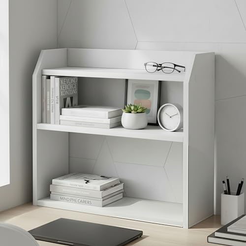 Tangkula 3-Tier Desktop Bookshelf, Wooden Countertop Bookcase with Guardrails, Space-Saving Desk Display Hutch Shelf, Modern Tabletop Storage Organizer for Study Room, Office and Dormitory (2,White) - Image 4