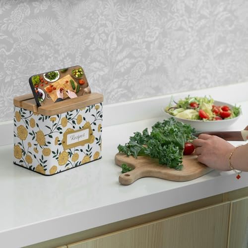 Cabbrix Recipe Box with 50 Cards and 24 Dividers, 4x6 Recipe Card Box Set, Wooden Lid with Phone Holder and Recipe Holder, Beautiful Metal Recipe Organizer, Marigold - Image 2