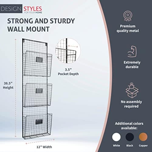 Designstyles Three Tier Wall File Holder – Durable Pewter Metal Rack with Spacious Slots for Easy Organization, Mounts on Wall and Door for Office, Home, and Work - Image 2