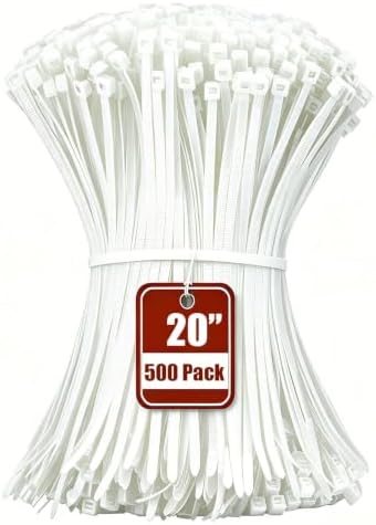 Armpow20 Inch White Zip Ties 500 Pack, 75 lbs Tensile Strength, Self Locking Nylon PA66 Heavy Duty Cable Ties - For Indoor and Outdoor Bundling by HighQualityTies
