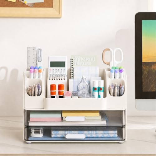HBlife Desk Organizer with Pencil Pen Holder for Desk, Pen Organizer with 2 Drawers, Desk Organizers and Accessories with Compartments, Desktop Storage for Office, Home, School, Art Supplies, White - Image 6