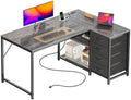 PRAISUN 43.3" Small L Shaped Desk with Power Outlets & 4 Drawers by PRAISUN