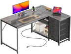 PRAISUN 43.3" Small L Shaped Desk with Power Outlets & 4 Drawers by PRAISUN