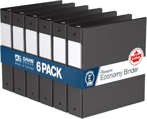 Premium Economy 3-Ring Binder, Spine Label, 2" Round Rings, Black, 6 Pack by DAVISGROUP