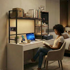 DreamDashio Desk Hutch with Outlets & LED, Desktop Bookshelf with Drawer - Image 5