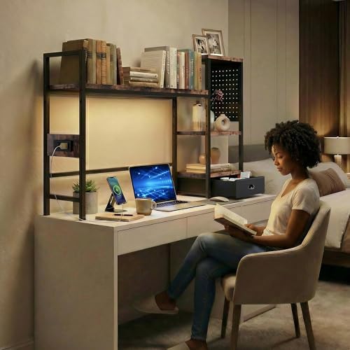 DreamDashio Desk Hutch with Outlets & LED, Desktop Bookshelf with Drawer - Image 5