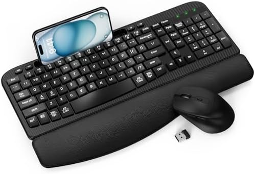 Wireless Keyboard and Mouse Combo, Full-Sized Ergonomic Wave Keys Keyboard with Memory Foam Wrist Rest & Phone Holder, 2.4G Quiet Keyboard Mouse Work Setup for PC Laptop, Office or Home (Black) by Unknown