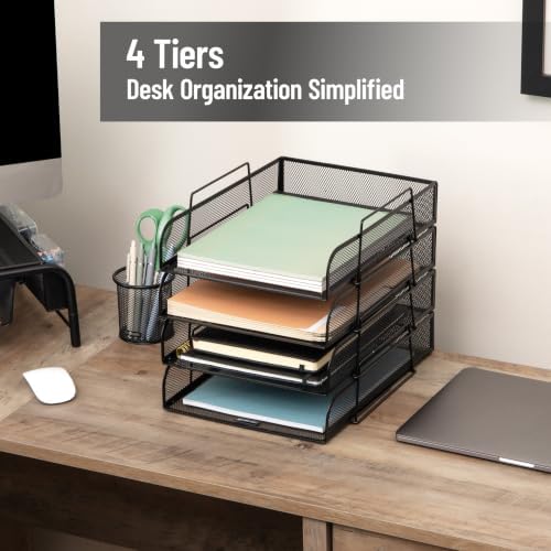 Mind Reader Stackable Paper Tray, Desktop Organizer, File Storage, Office, Metal Mesh, 10.5" L x 13.5" W x 11.25" H, 4 Pcs., Black - Image 2